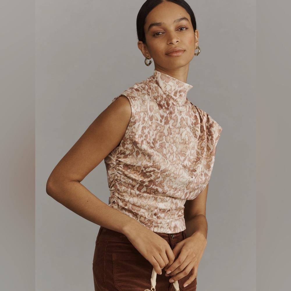 Anthropologie Cream and Brown Neutral Pattern Sleeveless Blouse